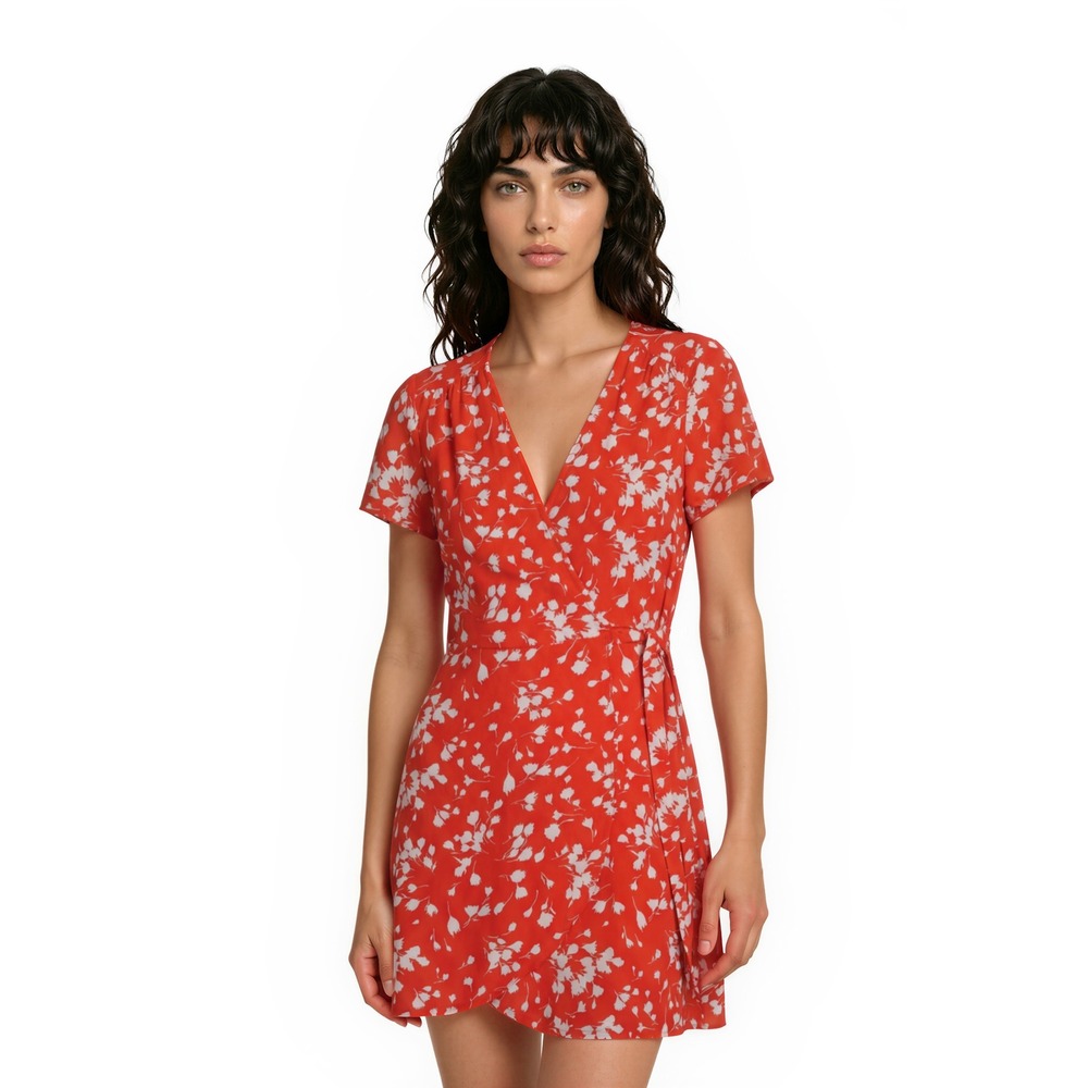 J.Crew Dress Women's Size 4 Red Floral Wrap Flutter Sleeve V Neck Spring Guest